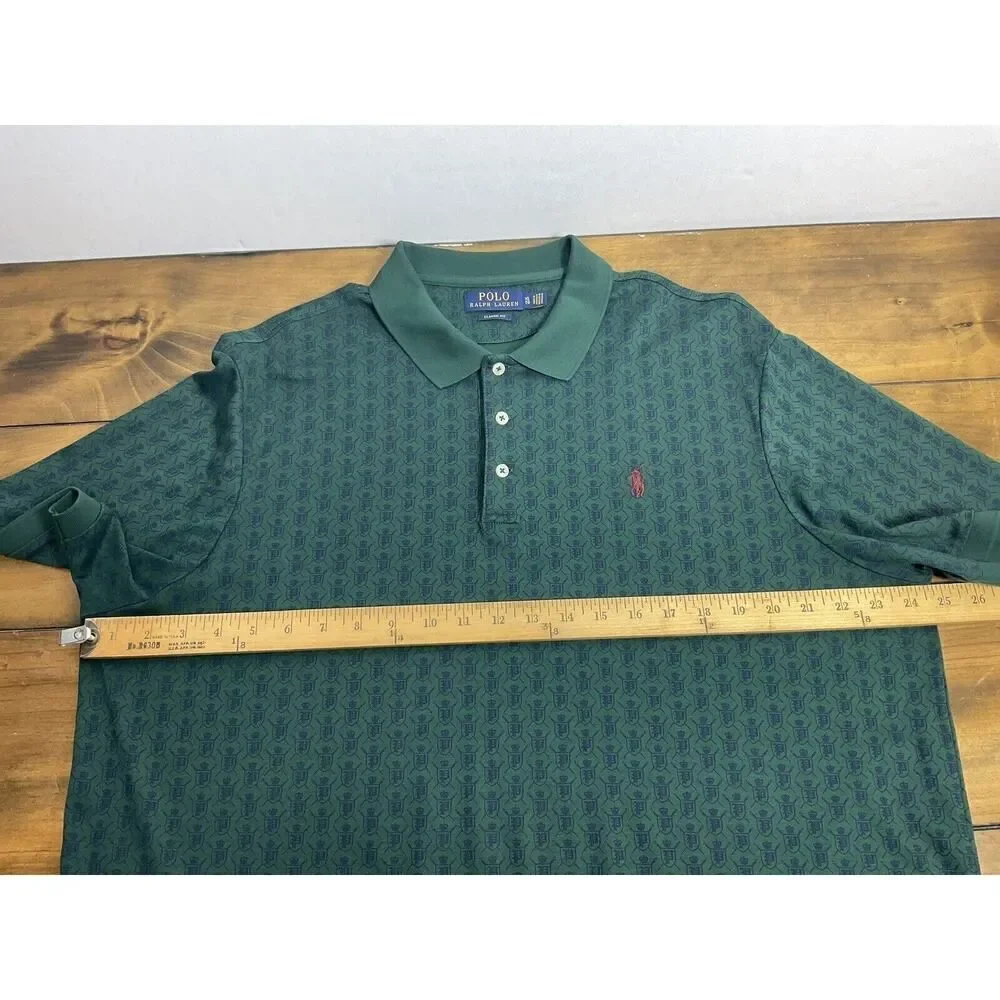 Polo Ralph Lauren Men's Size XL Custom Fit All Over Print Green Shield Shirt